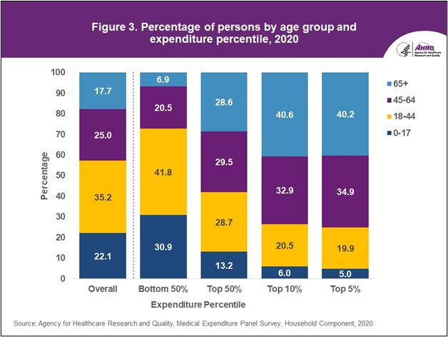 Figure displays: Percentage of persons by age group and expenditure percentile, 2020