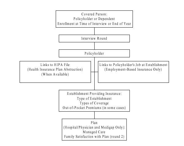 FIGURE 1; CONCEPTUAL OVERVIEW OF PRPL
First Box, Rectangular – Covered Person: Policyholder or Dependent Enrollment at Time of Interview or End of Year
Second Box, Rectangular – Interview Round
Third Box, Rectangular – Policyholder
Note: the fourth and fifth boxes branch horizontally, with no specified decision to be made, from the third box.
Fourth Box, Rectangular, Left, -- Links to HIPA File (Health Insurance Plan Abstraction) (When Available)
Fifth Box, Rectangular, Right – Links to Policyholder’s Job at Establishment (Employment-Based Insurance Only)
Sixth Box, Rectangular, Center – Establishment Providing Insurance: Type of Establishment; Types of Coverage; Out-of-Pocket Premiums (in some cases)
Seventh Box; Rectangular, Center – Plan (Hospital Physician and Medigap Only): Managed Care; Family Satisfaction with Plan (round 2)
End of Figure 1.
