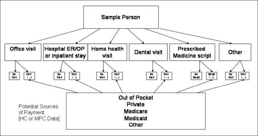 Figure shows a diagram of four levels of activity for the data collection, from the sample person,
to various events the person may participate in (i.e., office visit, hospital ER/OP or inpatient stay, home health visit,
dental visit, prescribed medicine script or other), to a third tier which reflects record keeping details such as number
of visits. The final level shows the potential sources of payment, including out of pocket, private, Medicare, Medicaid,
and other.